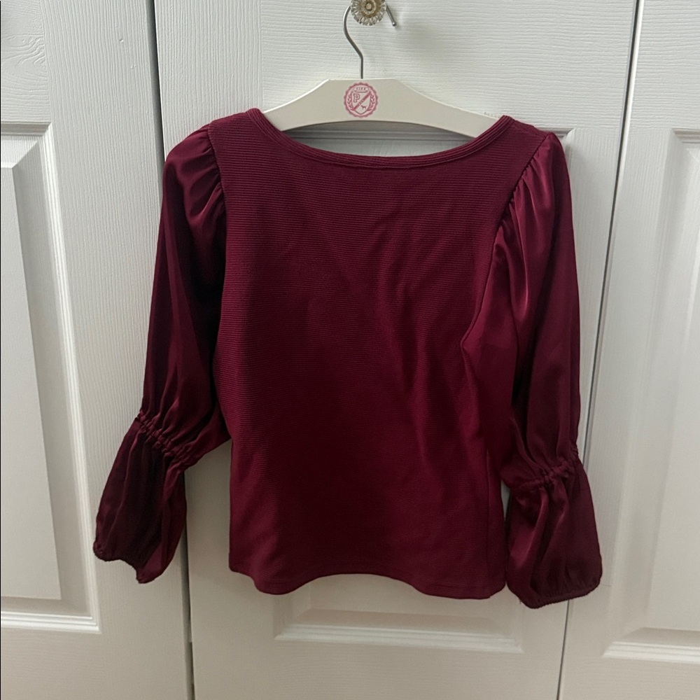 Anthropologie Maeve Tiered Sleeve Ribbed Top in Burgundy - Picture 3 of 4
